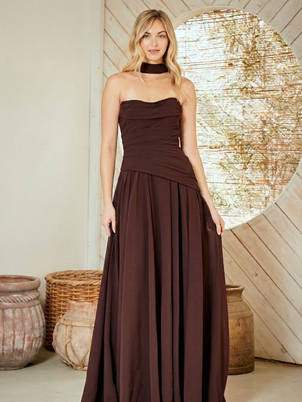 New Brown A-Line Strapless Festive Bridesmaid Dress w/ Matching Scarf AC 6133